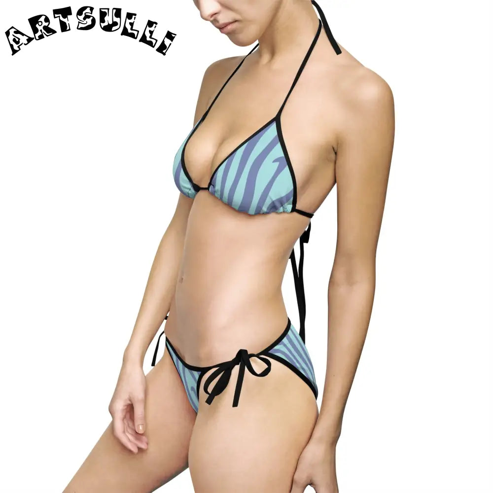 Blue Melting Zebra Stripes Bikini Swimsuit, Artsulli - Art is Long, Life is Short, All Over Prints, , , , , , , 