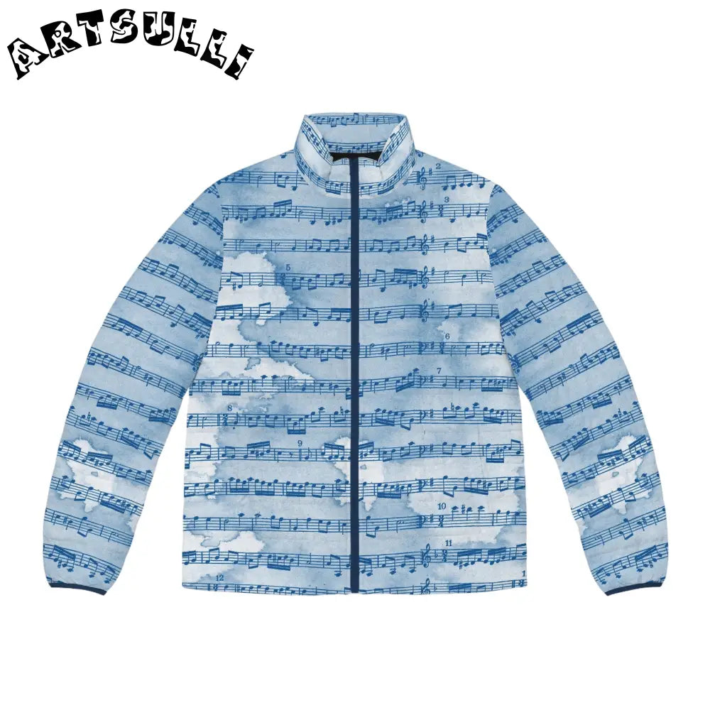 Blue Musical Score Puffer Jacket, Artsulli - Art is Long, Life is Short, All Over Prints, Size, S, Color, Dark blue zipper, , , 18918647084093517404