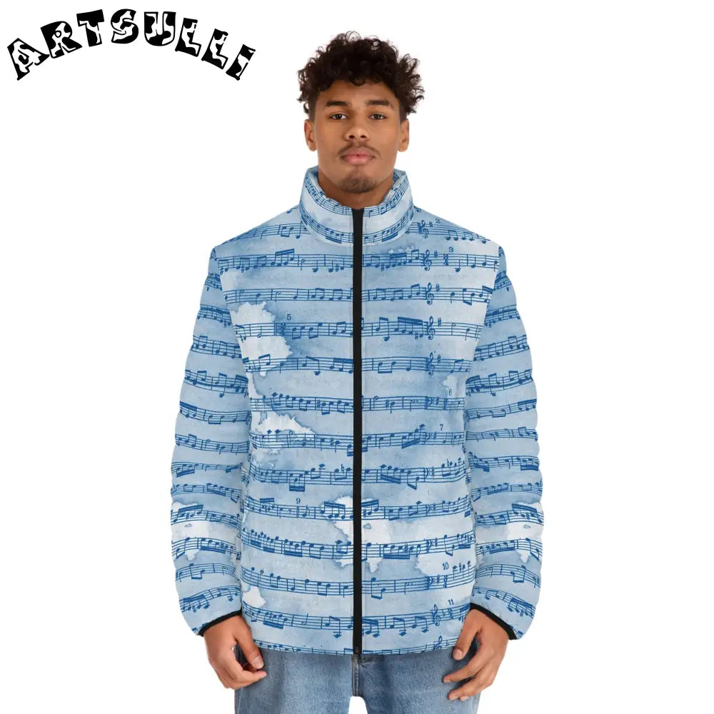 Blue Musical Score Puffer Jacket, Artsulli - Art is Long, Life is Short, All Over Prints, , , , , , , 