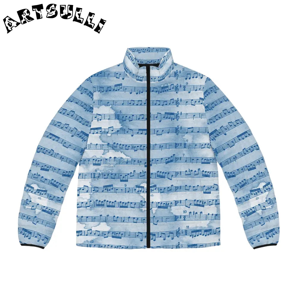 Blue Musical Score Puffer Jacket, Artsulli - Art is Long, Life is Short, All Over Prints, Size, S, Color, Black zipper, , , 19439957463973895709