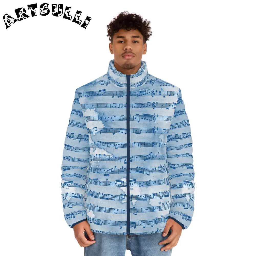 Blue Musical Score Puffer Jacket, Artsulli - Art is Long, Life is Short, All Over Prints, , , , , , , 