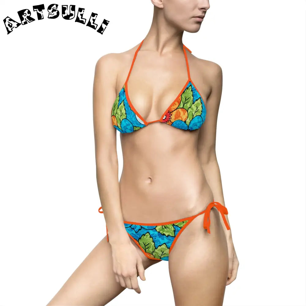 Blue Orange Groovy Bikini Swimsuit for Fashionable Women, Artsulli - Art is Long, Life is Short, All Over Prints, Size, S, Color, Orange, , , 78987556163740190391
