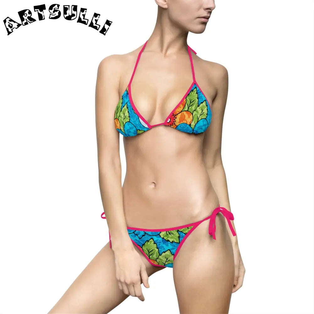 Blue Orange Groovy Bikini Swimsuit for Fashionable Women, Artsulli - Art is Long, Life is Short, All Over Prints, Size, S, Color, Pink, , , 21166700307726089079