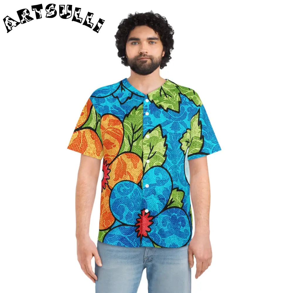 Blue Orange Groovy Floral Baseball Jersey, Artsulli - Art is Long, Life is Short, All Over Prints, , , , , , , 