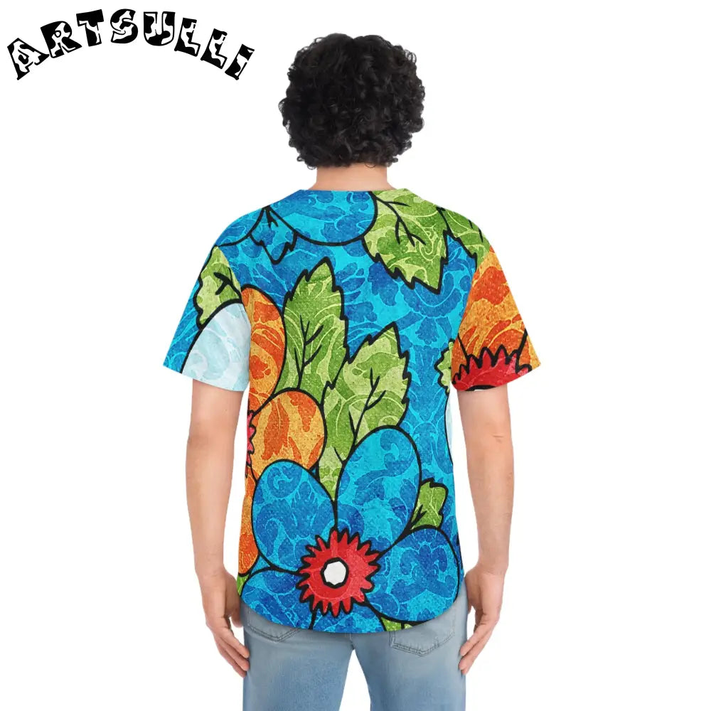 Blue Orange Groovy Floral Baseball Jersey, Artsulli - Art is Long, Life is Short, All Over Prints, , , , , , , 