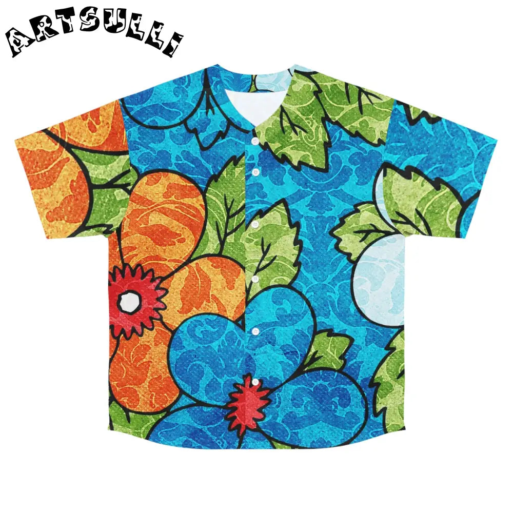 Blue Orange Groovy Floral Baseball Jersey, Artsulli - Art is Long, Life is Short, All Over Prints, Size, S, Color, Seam thread color automatically matched to design, , , 14755985263957272789