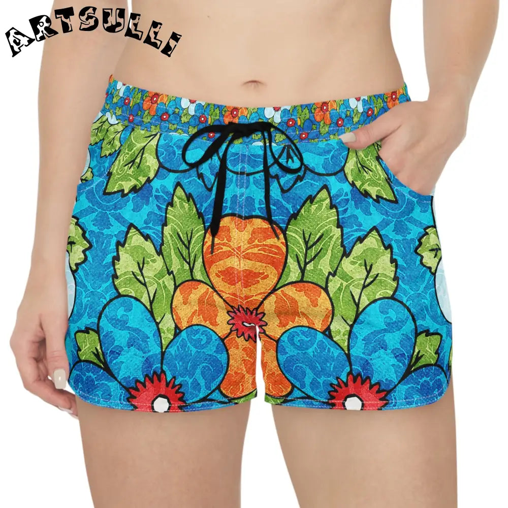 Blue Orange Groovy Floral Casual Shorts, Artsulli - Art is Long, Life is Short, All Over Prints, , , , , , , 