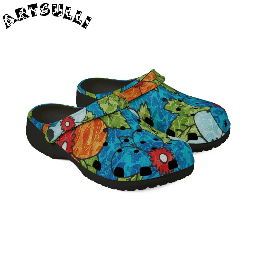 Blue Orange Groovy Floral EVA Foam Clogs, Artsulli - Art is Long, Life is Short, Shoes, , , , , , , 