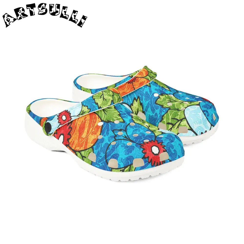 Blue Orange Groovy Floral EVA Foam Clogs, Artsulli - Art is Long, Life is Short, Shoes, , , , , , , 