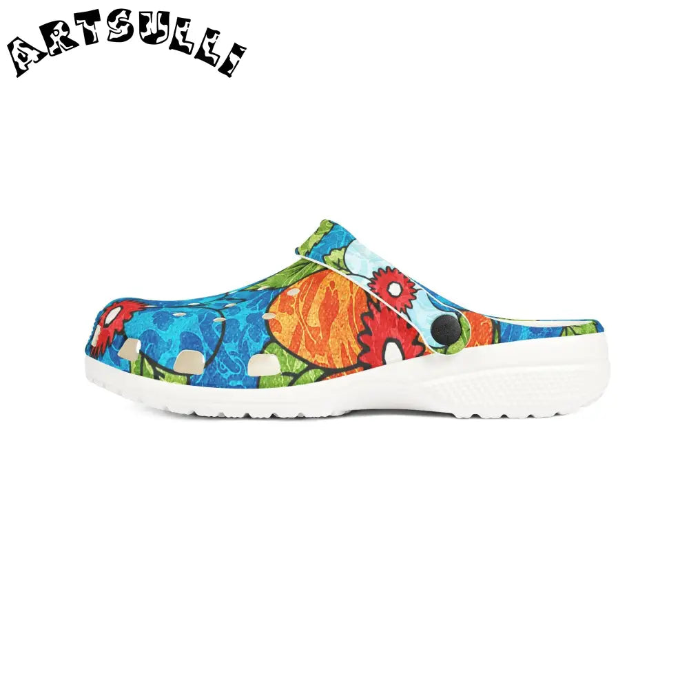 Blue Orange Groovy Floral EVA Foam Clogs, Artsulli - Art is Long, Life is Short, Shoes, , , , , , , 