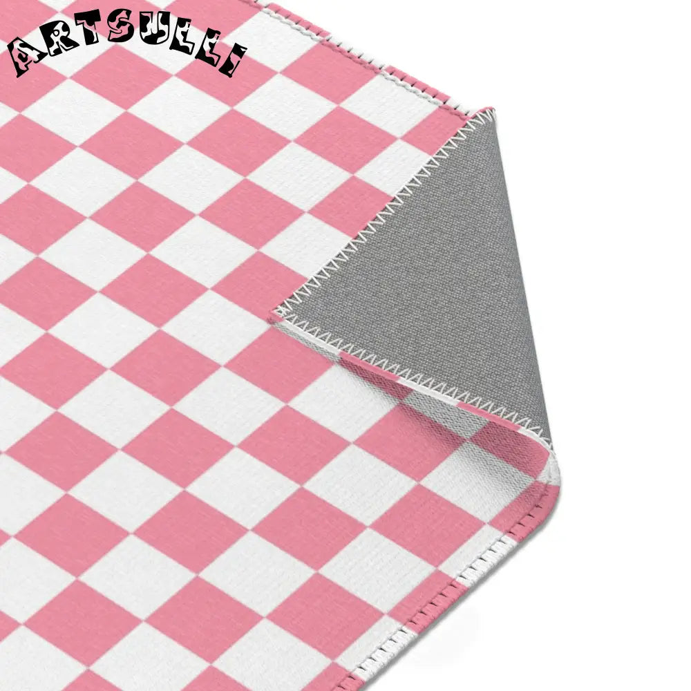 JAKKOUTTHEBXX Pink and White Checkered Area Rug 2025