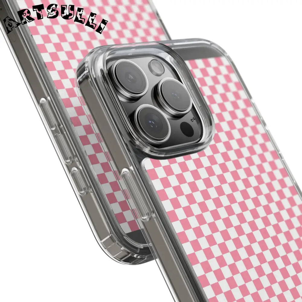 JAKKOUTTHEBXX Pink and White Checkered Clear Case for iPhone 2025