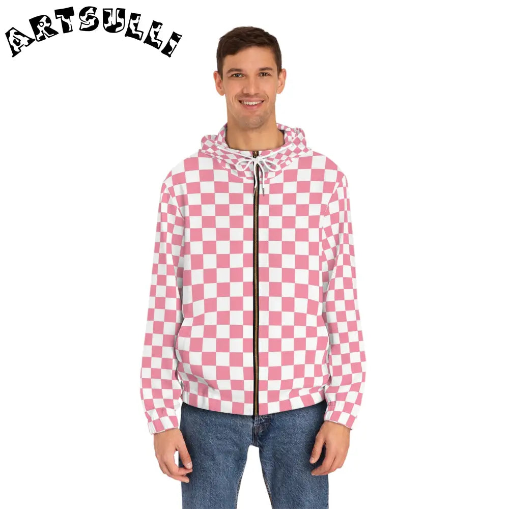 JAKKOUTTHEBXX Pink and White Checkered Full Zip Hoodie 2025