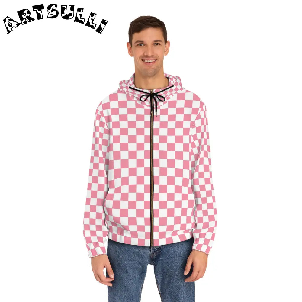 JAKKOUTTHEBXX Pink and White Checkered Full Zip Hoodie 2025