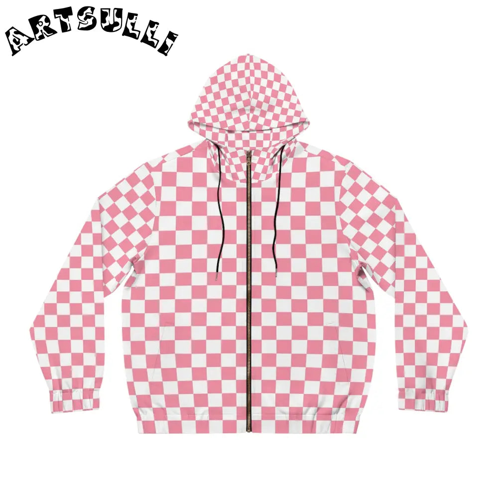 JAKKOUTTHEBXX Pink and White Checkered Full Zip Hoodie 2025