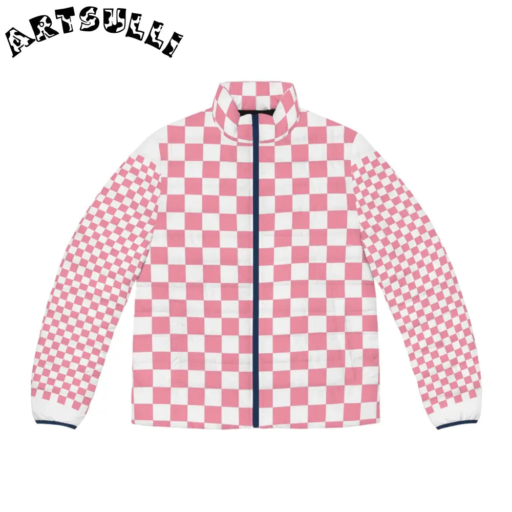 Brigandine Checkered Scene Men's Puffer Jacket (AOP), Artsulli - Art is Long, Life is Short, All Over Prints, Size, S, Color, Dark blue zipper, , , 11770226079730536363