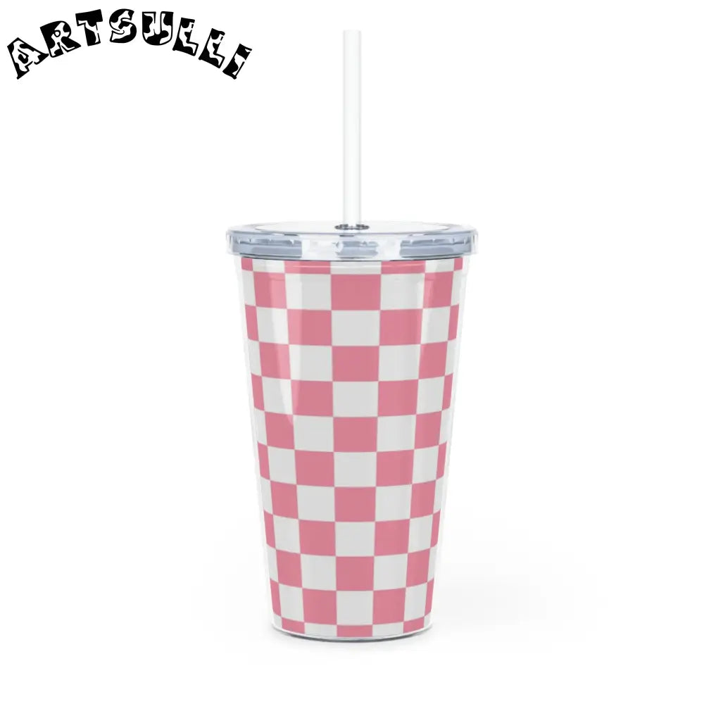 JAKKOUTTHEBXX Pink and White Checkered 20oz Plastic Tumbler 2025