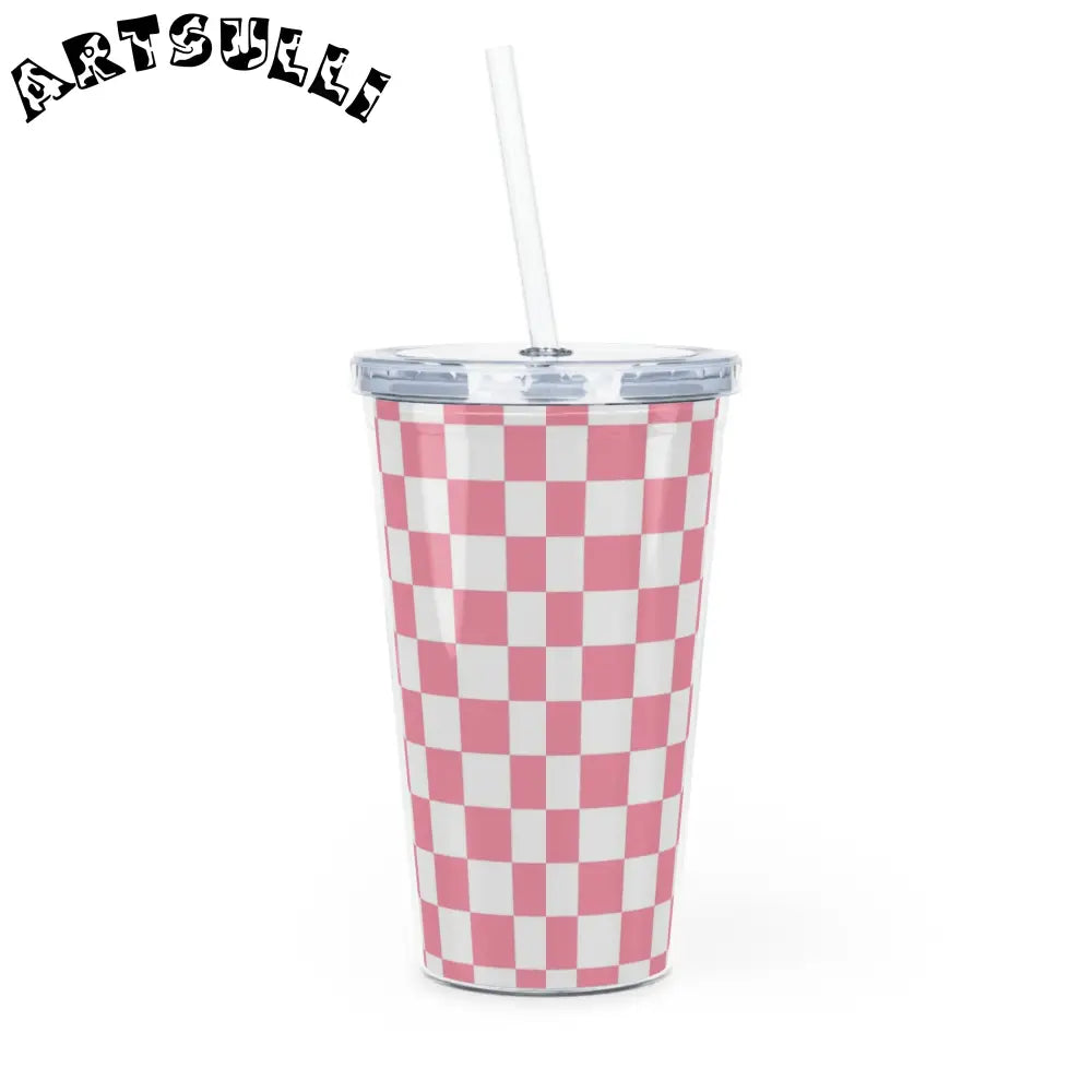 JAKKOUTTHEBXX Pink and White Checkered 20oz Plastic Tumbler 2025