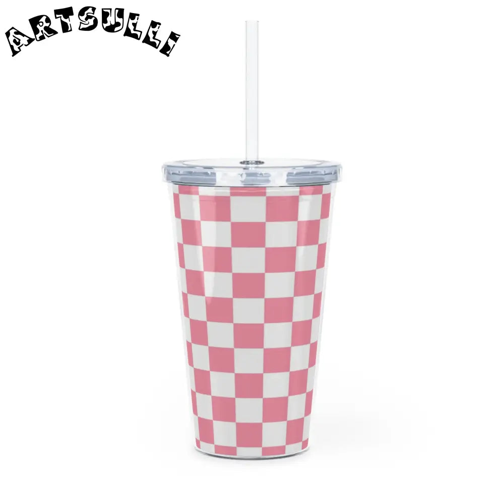 JAKKOUTTHEBXX Pink and White Checkered 20oz Plastic Tumbler 2025