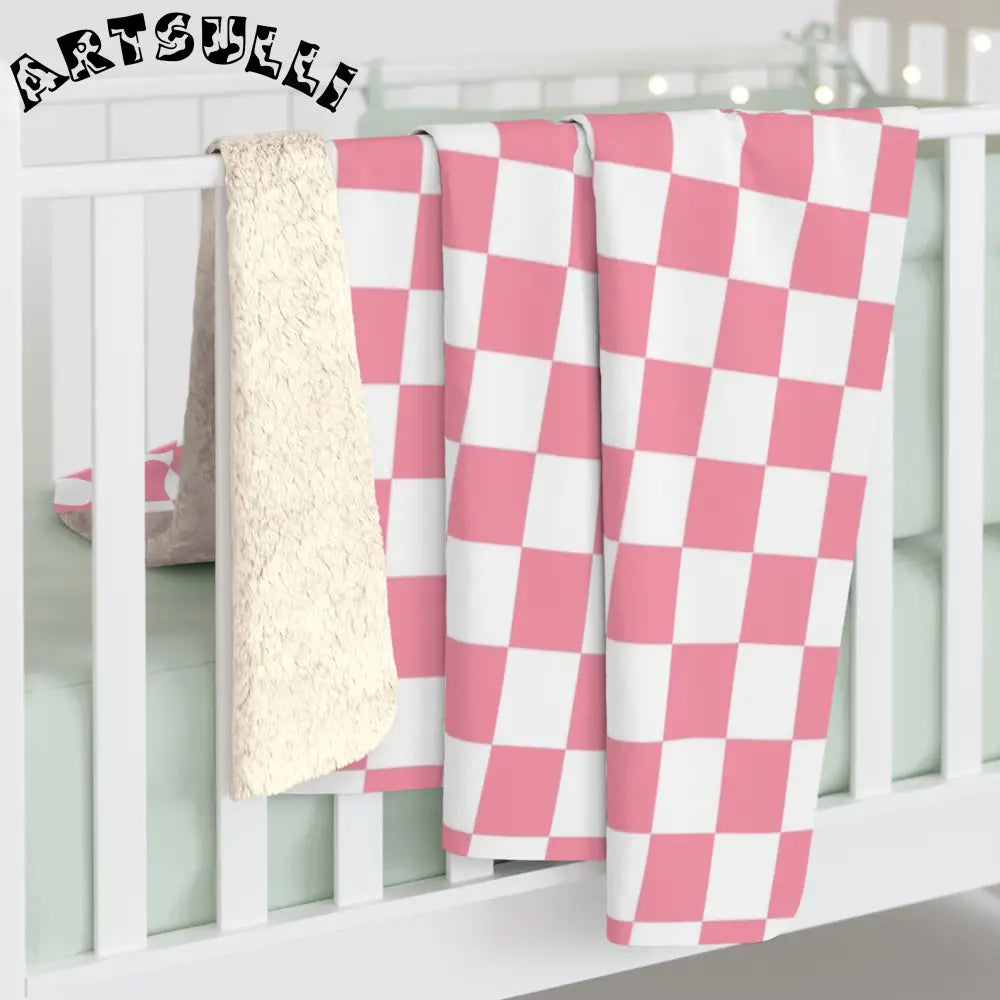 JAKKOUTTHEBXX Pink and White Checkered Sherpa Fleece Blanket 2025
