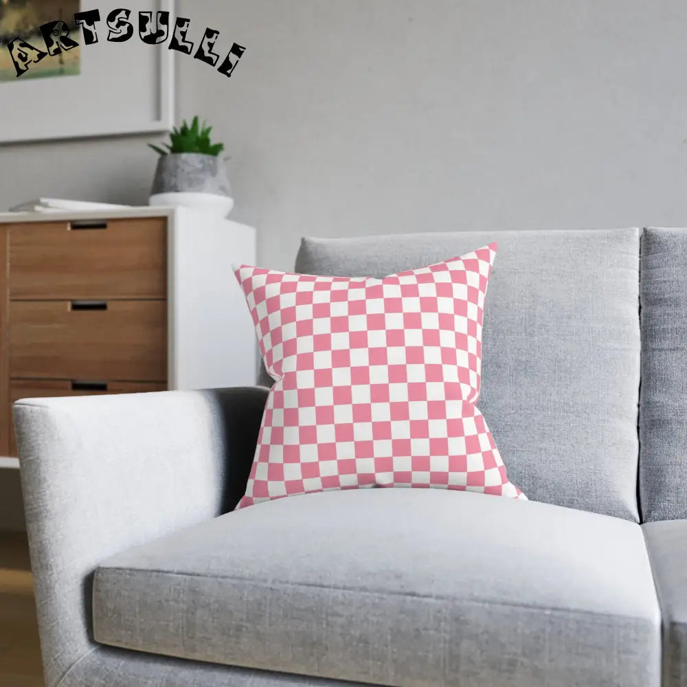 JAKKOUTTHEBXX Pink and White Checkered Square Pillow 2025