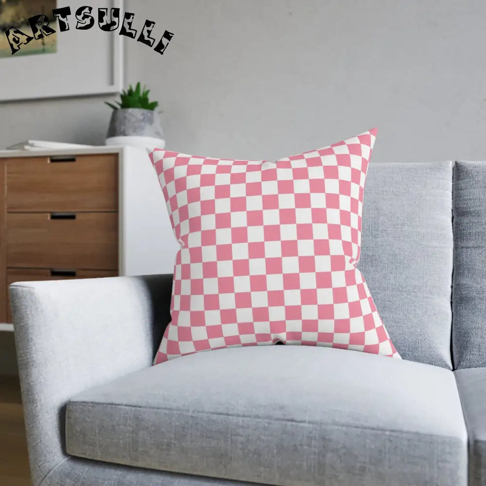 JAKKOUTTHEBXX Pink and White Checkered Faux Suede Square Pillow 2025