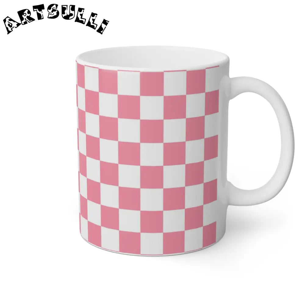 JAKKOUTTHEBXX Pink and White Checkered Ceramic Mug 2025
