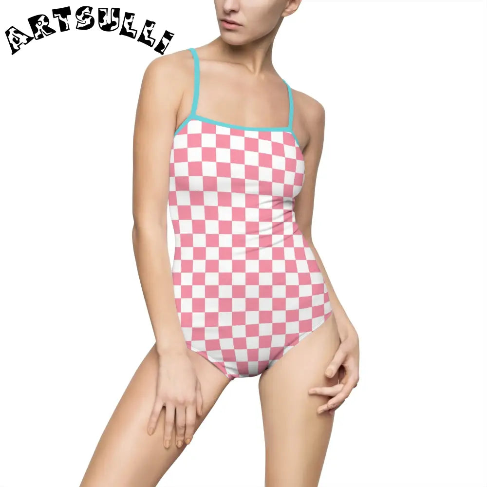 Brigandine Checkered Scene Women's One-piece Swimsuit (AOP), Artsulli - Art is Long, Life is Short, All Over Prints, Size, XS, Color, Ocean, , , 29127451558249578126