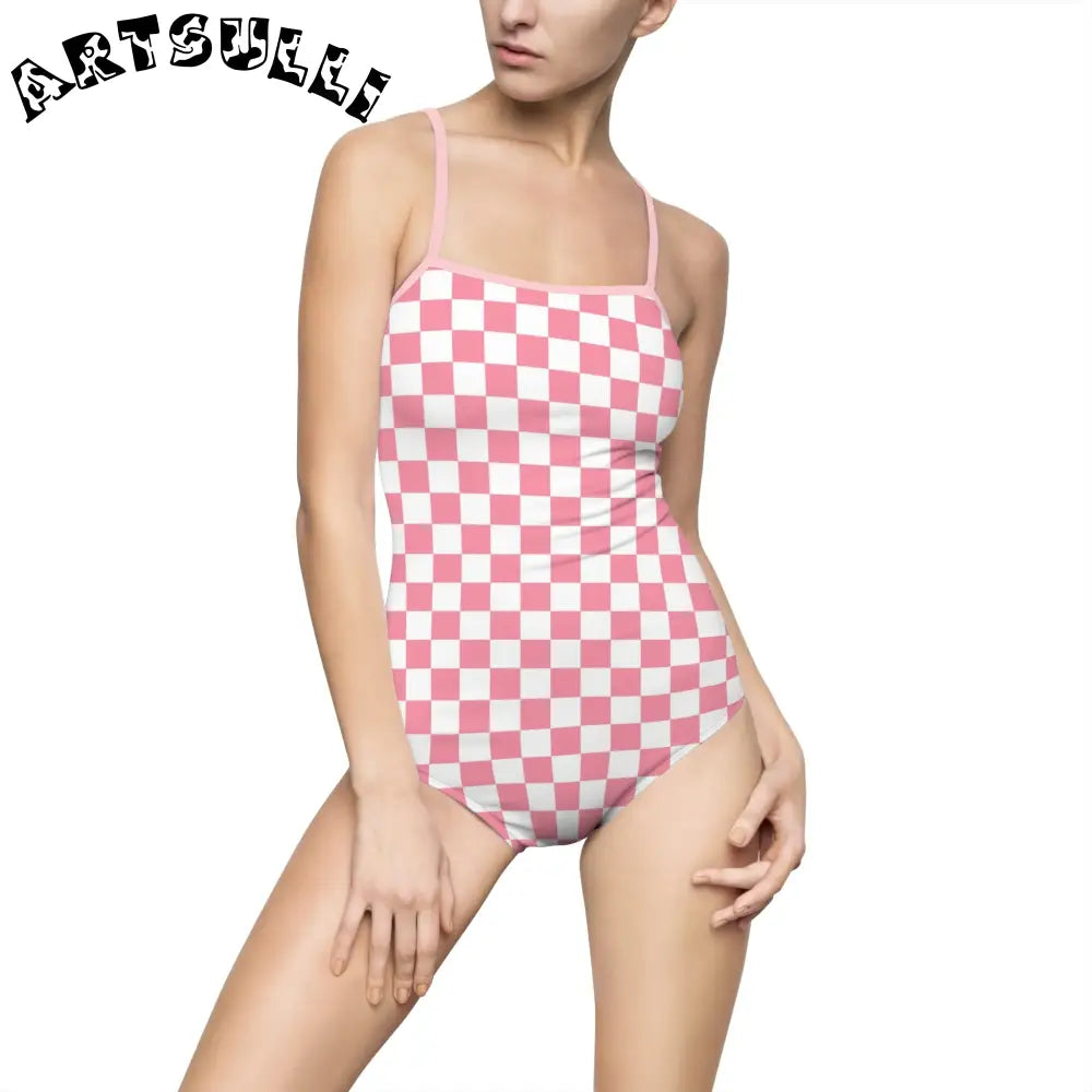 Brigandine Checkered Scene Women's One-piece Swimsuit (AOP), Artsulli - Art is Long, Life is Short, All Over Prints, Size, XS, Color, Light Pink, , , 29674380131112251096