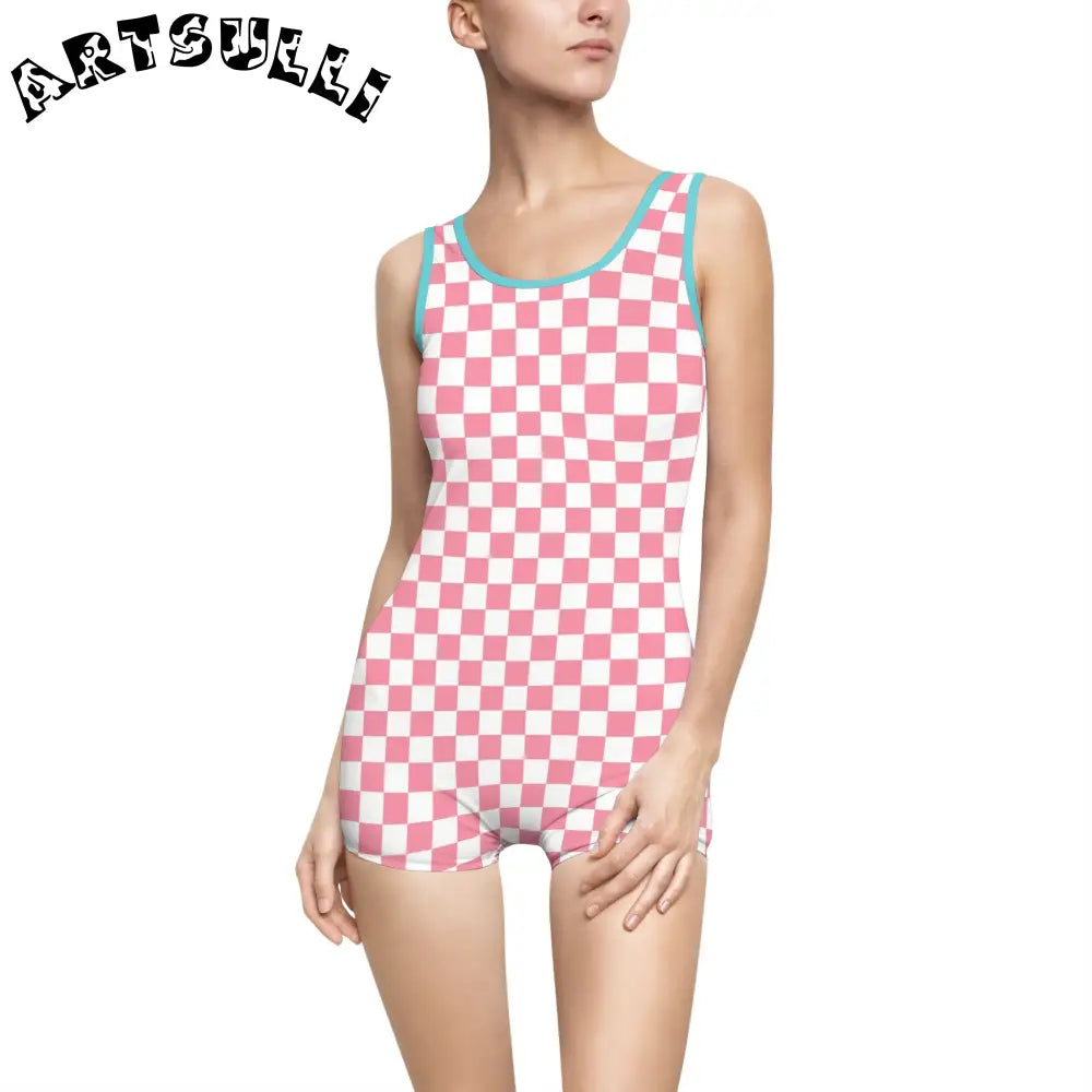 Brigandine Checkered Scene Women's Vintage Swimsuit (AOP), Artsulli - Art is Long, Life is Short, All Over Prints, Color, Ocean, Size, XS, , , 25080098424004208603