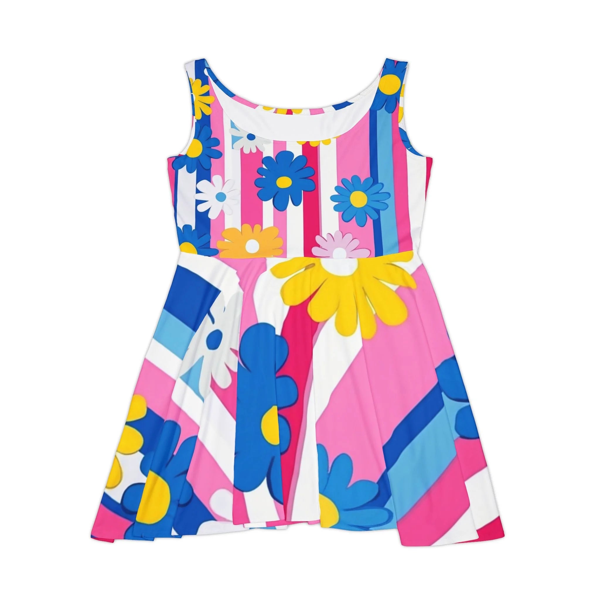 Bright Floral Stripe Custom Skater Dress, Artsulli - Art is Long, Life is Short, All Over Prints, Size, XS, , , , , 57596176277593