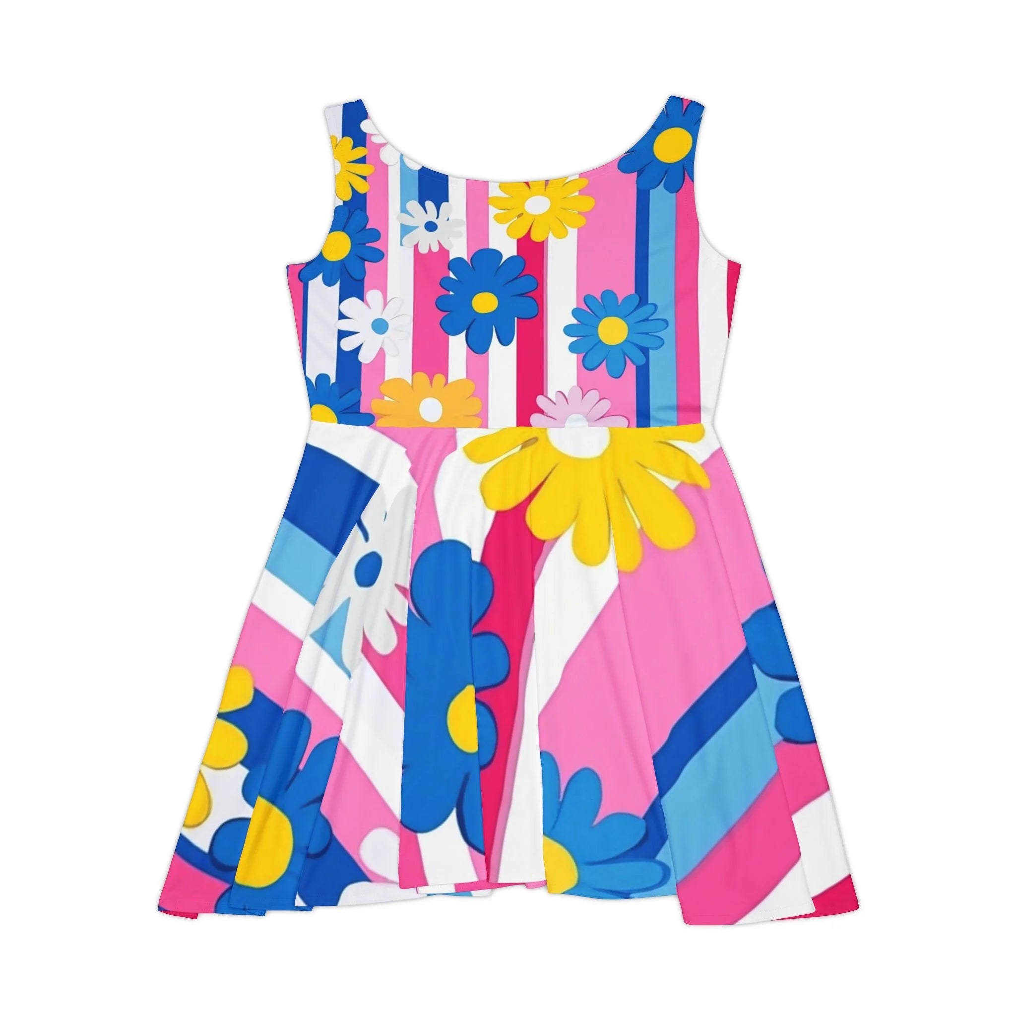 Bright Floral Stripe Custom Skater Dress, Artsulli - Art is Long, Life is Short, All Over Prints, , , , , , , 