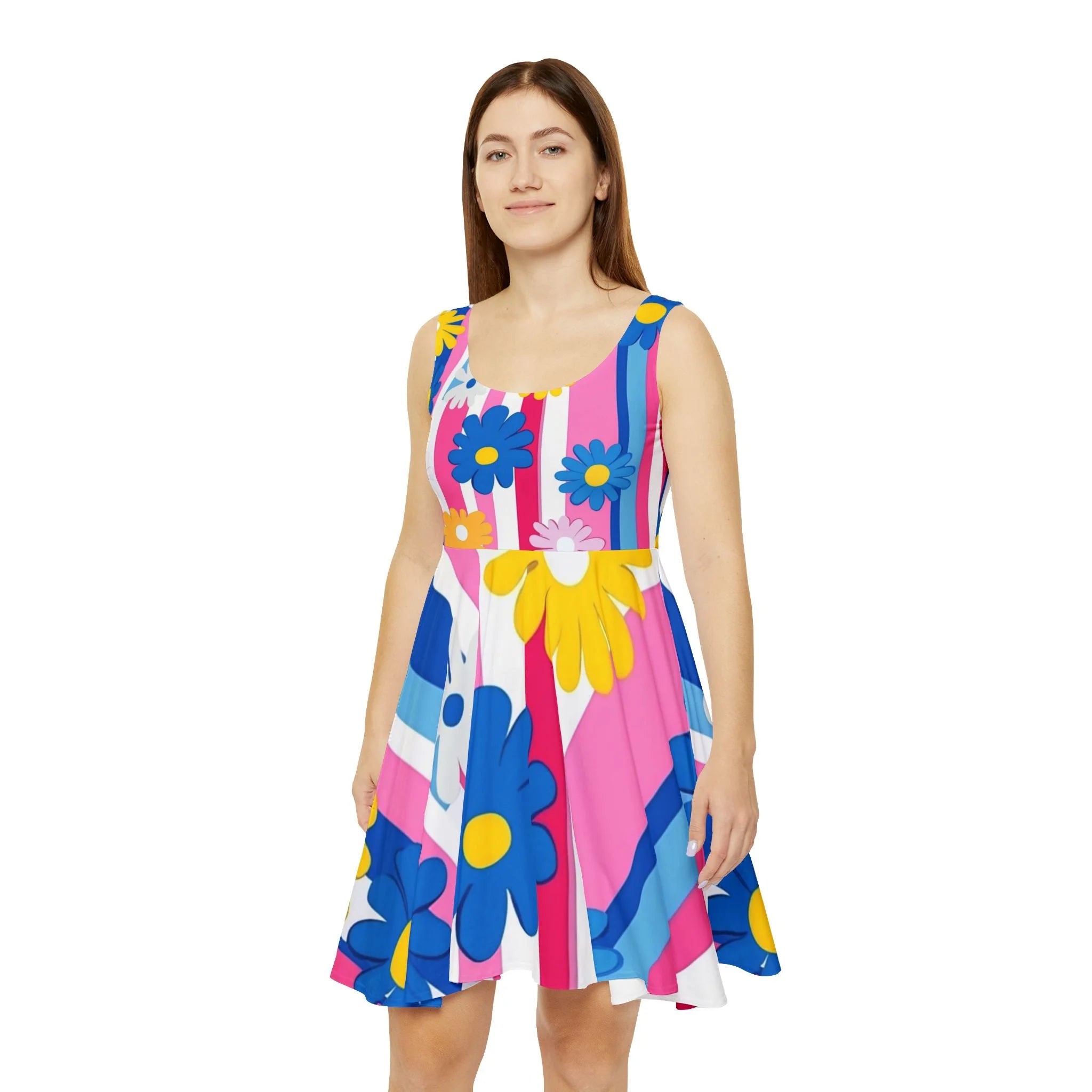 Bright Floral Stripe Custom Skater Dress, Artsulli - Art is Long, Life is Short, All Over Prints, , , , , , , 