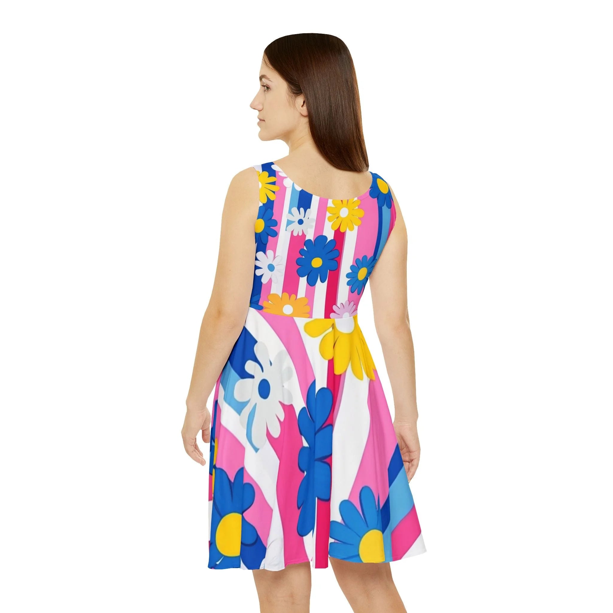 Bright Floral Stripe Custom Skater Dress, Artsulli - Art is Long, Life is Short, All Over Prints, , , , , , , 