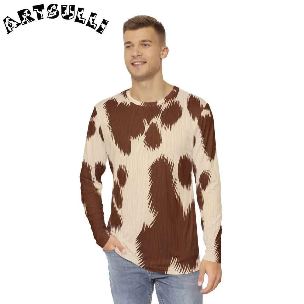 Brown Cow Print Long Sleeve Shirt, Artsulli - Art is Long, Life is Short, All Over Prints, , , , , , , 