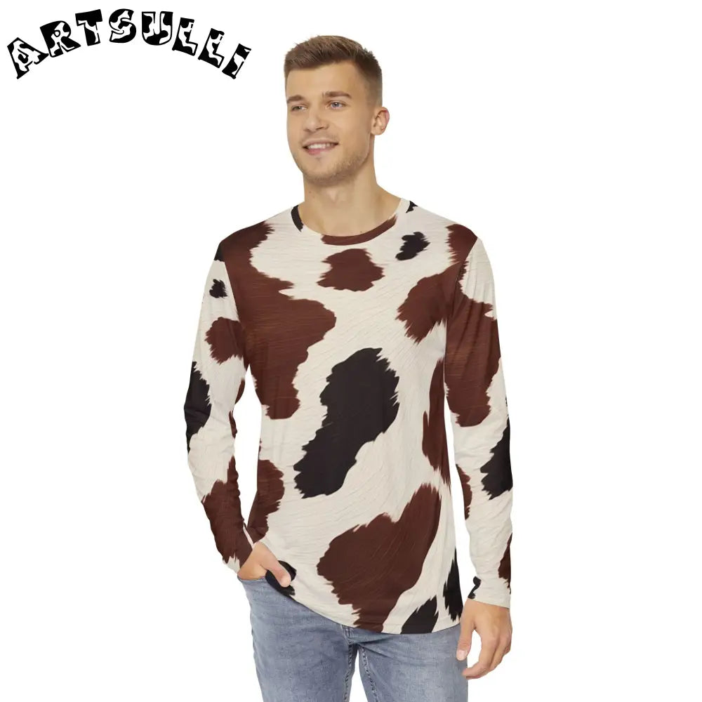 Brown Cow Print Long Sleeve Shirt, Artsulli - Art is Long, Life is Short, All Over Prints, , , , , , , 