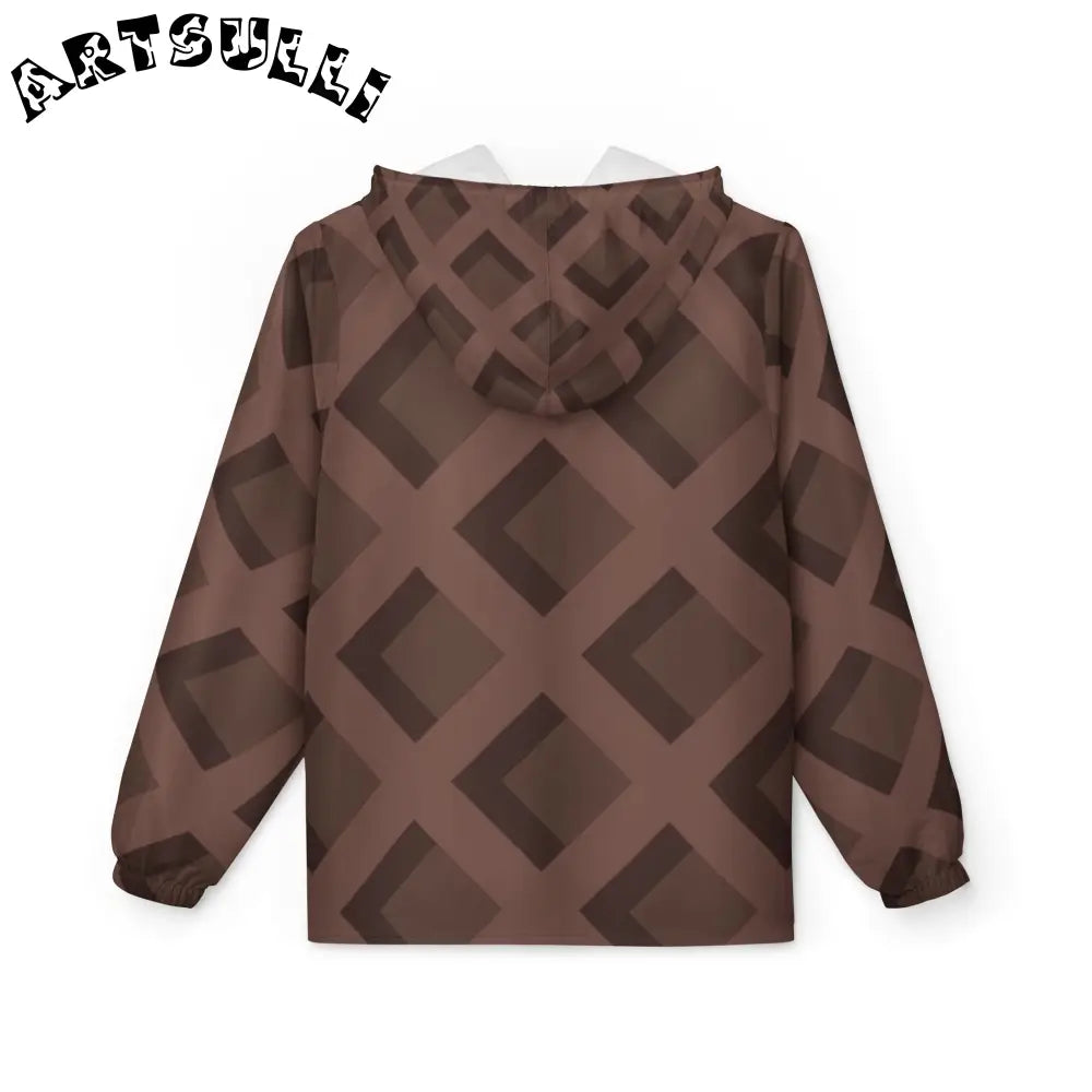 Brown Diamond Pattern Windbreaker Jacket, Artsulli - Art is Long, Life is Short, Outerwear, , , , , , , 