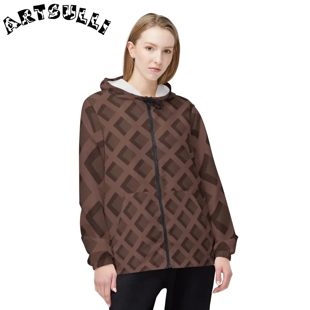 Brown Diamond Pattern Windbreaker Jacket, Artsulli - Art is Long, Life is Short, Outerwear, , , , , , , 