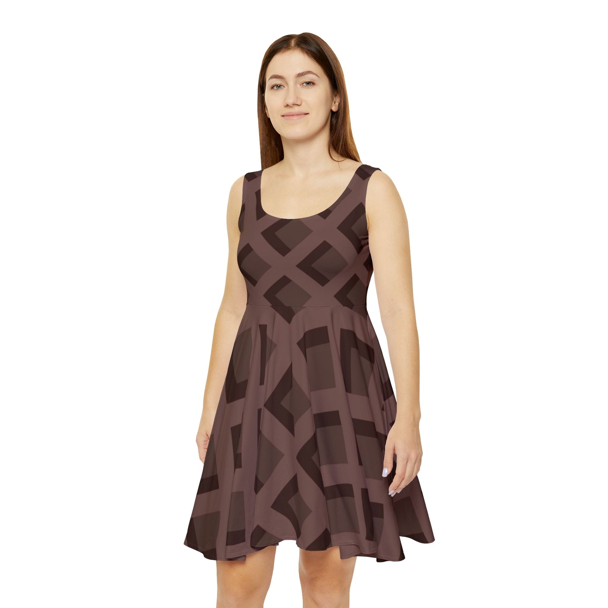 Brown Geometric Sleeveless Skater Dress, Artsulli - Art is Long, Life is Short, All Over Prints, , , , , , , 
