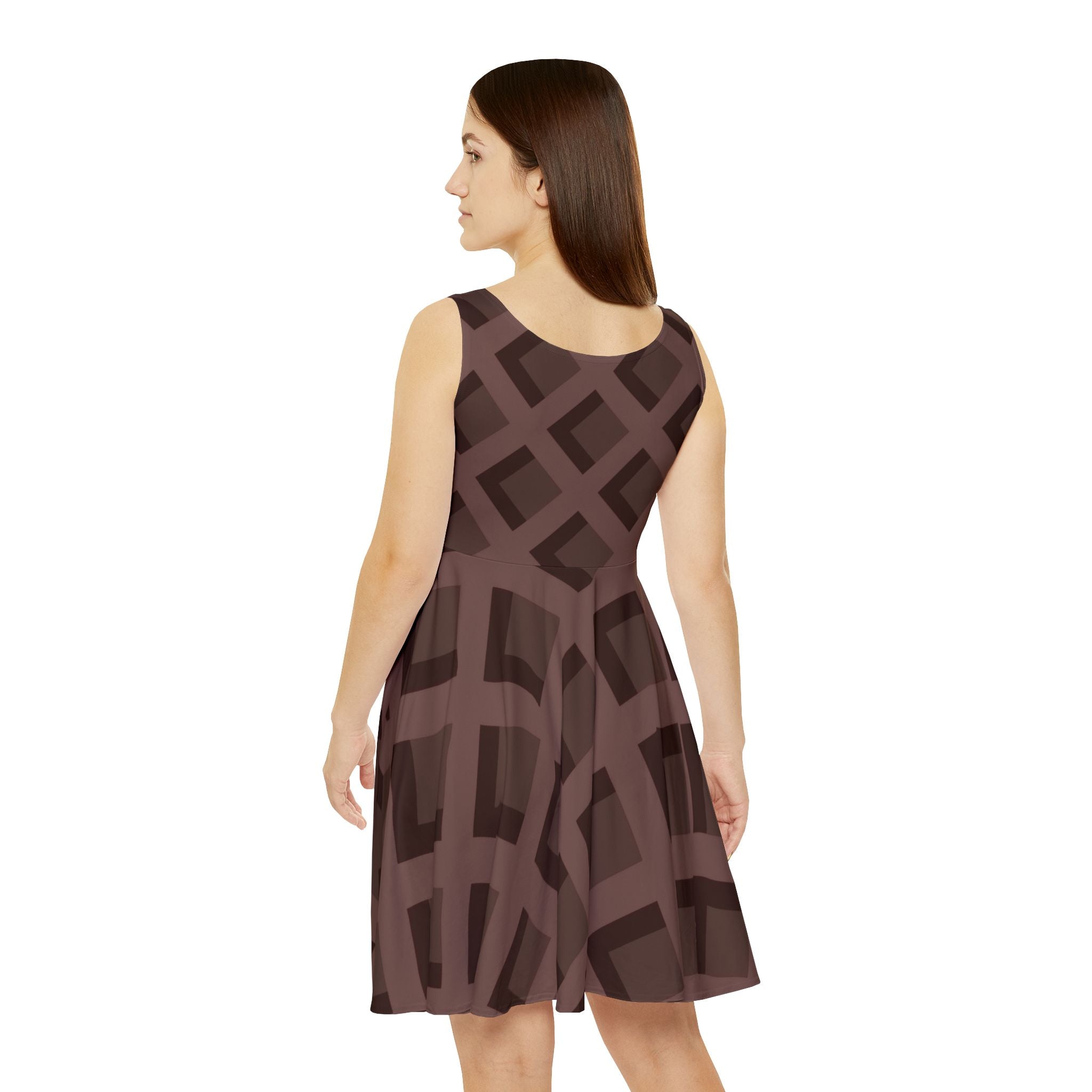 Brown Geometric Sleeveless Skater Dress, Artsulli - Art is Long, Life is Short, All Over Prints, , , , , , , 