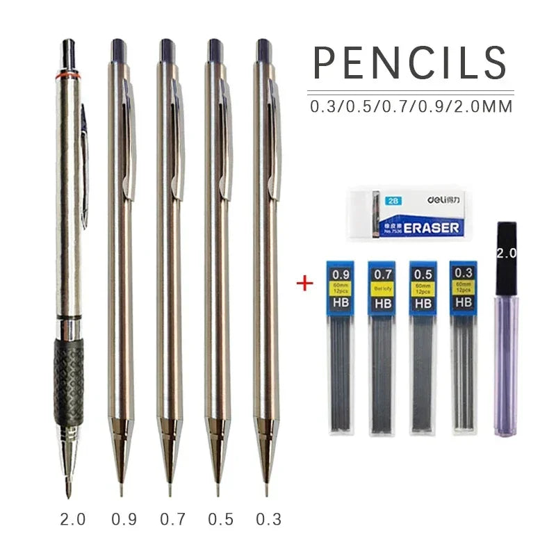 Buy The Best By Artsulli - Art is Long Life Short - 0.3 0.5 0.7 0.9 2.0mm Full Metal Mechanical Pencil Set School Sketch Writing Stainless