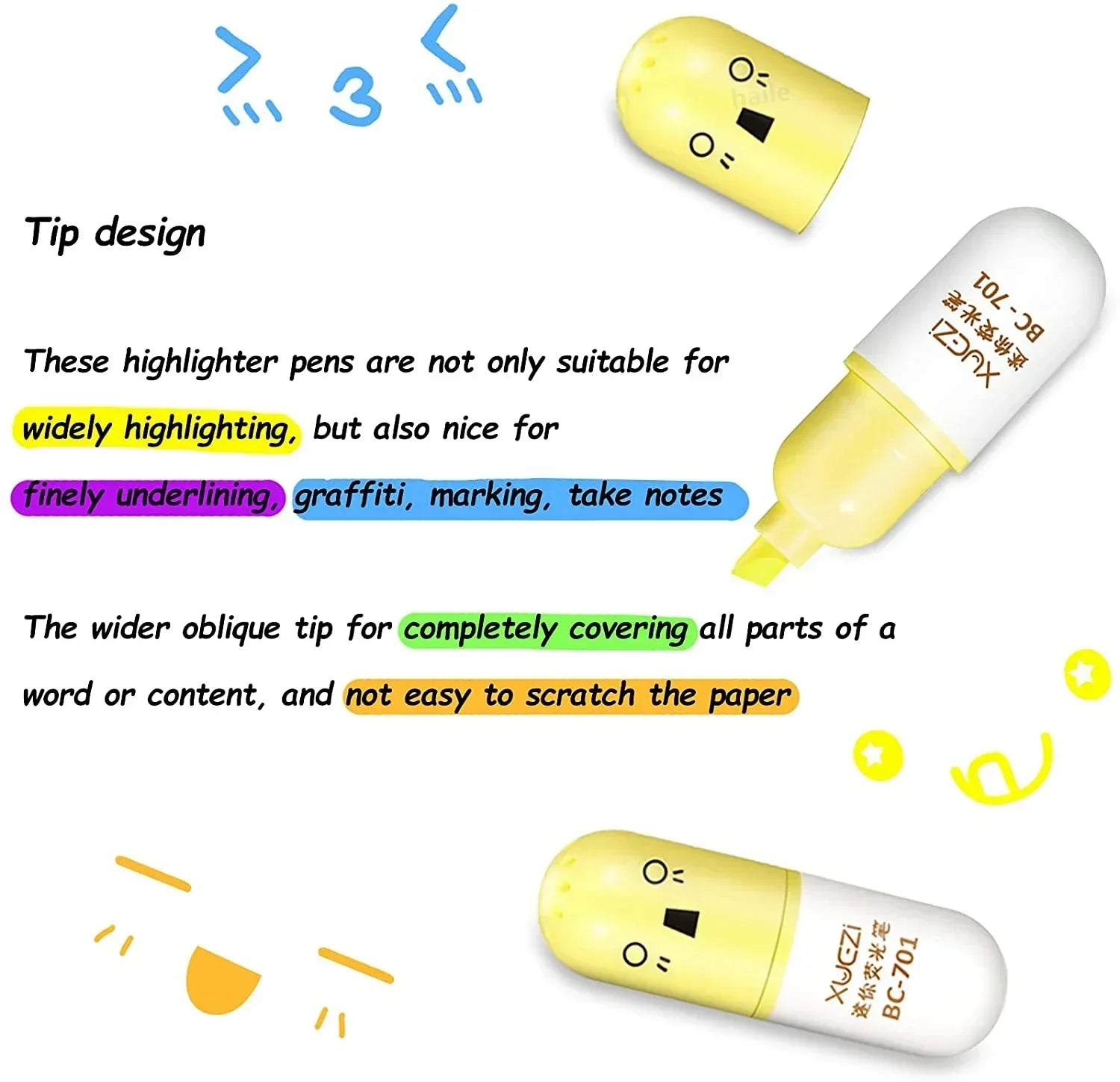 Buy The Best By Artsulli - Art is Long Life Short - 6Pcs Kawaii Mini Pills Highlighter Pen Set Cute Funny Smiling Face Fluorescent Marker