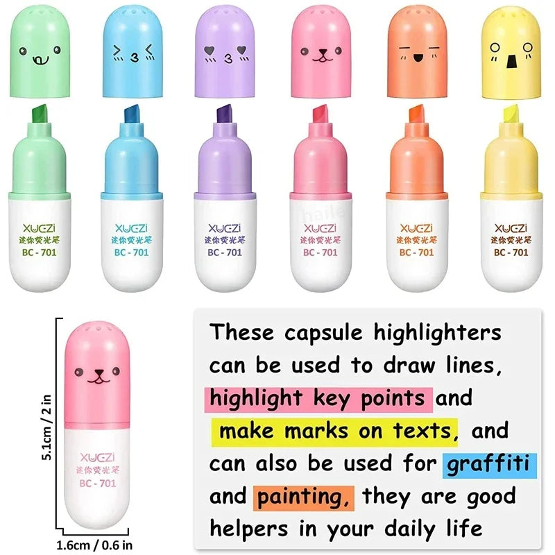 Buy The Best By Artsulli - Art is Long Life Short - 6Pcs Kawaii Mini Pills Highlighter Pen Set Cute Funny Smiling Face Fluorescent Marker