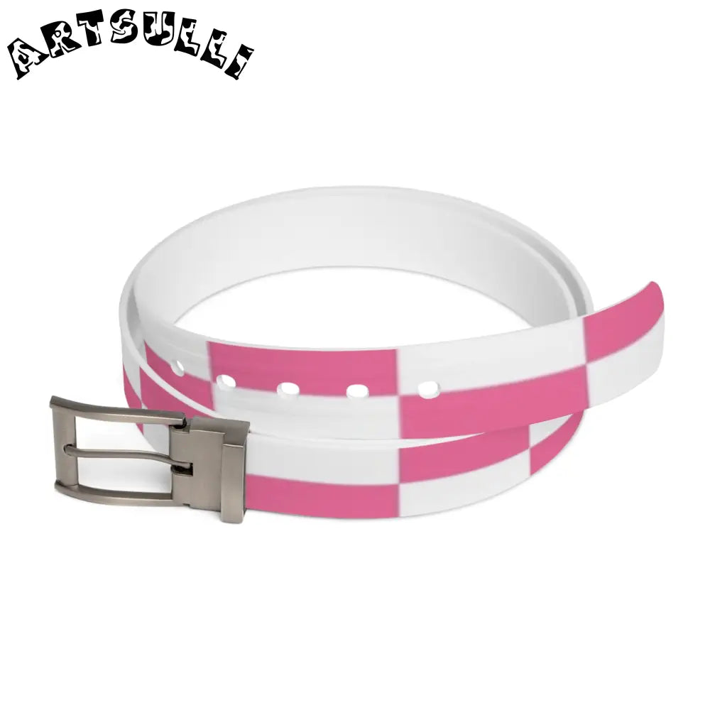 C4 White and Pink Checkered Belt, Artsulli - Art is Long, Life is Short, Accessories, Material, Gun Metal, Size, 50'', , , 17706681603455357624