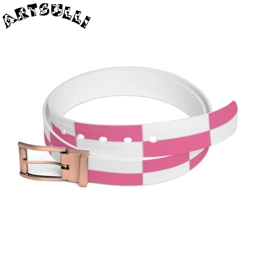 C4 White and Pink Checkered Belt, Artsulli - Art is Long, Life is Short, Accessories, Material, Bronze Metal, Size, 50'', , , 12138538060344289628