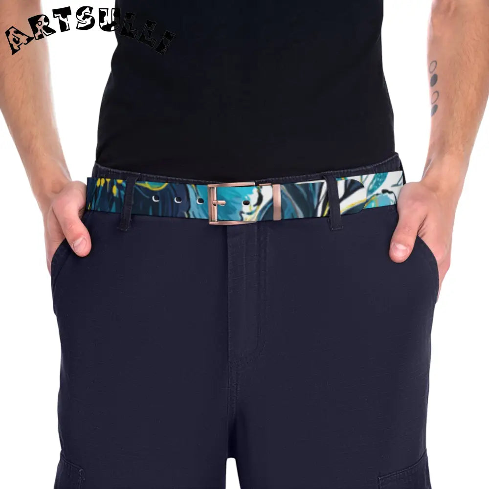 C4 White Teal and Blue Abstract Pattern Belt, Artsulli - Art is Long, Life is Short, Accessories, , , , , , , 