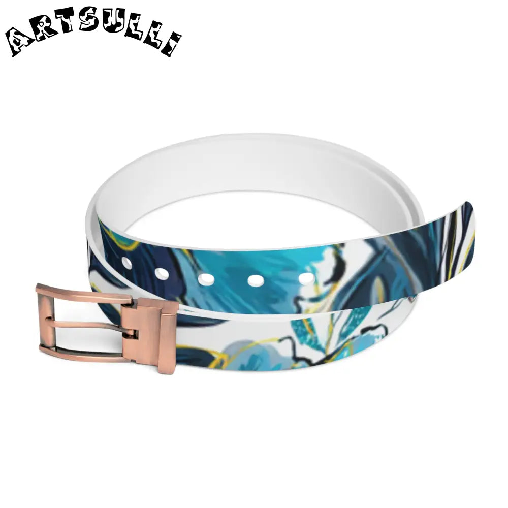 C4 White Teal and Blue Abstract Pattern Belt, Artsulli - Art is Long, Life is Short, Accessories, Material, Bronze Metal, Size, 50'', , , 10798534161580106348