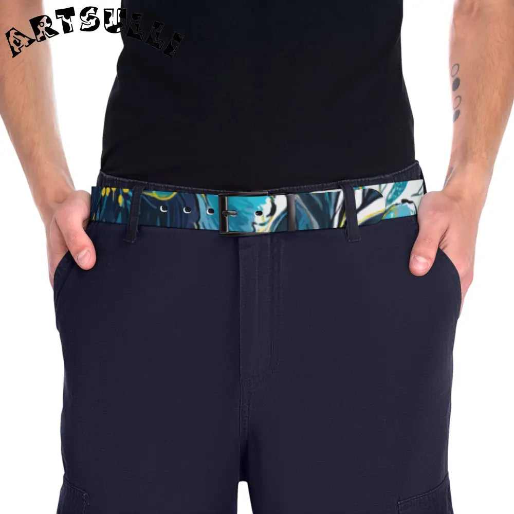 C4 White Teal and Blue Abstract Pattern Belt, Artsulli - Art is Long, Life is Short, Accessories, , , , , , , 