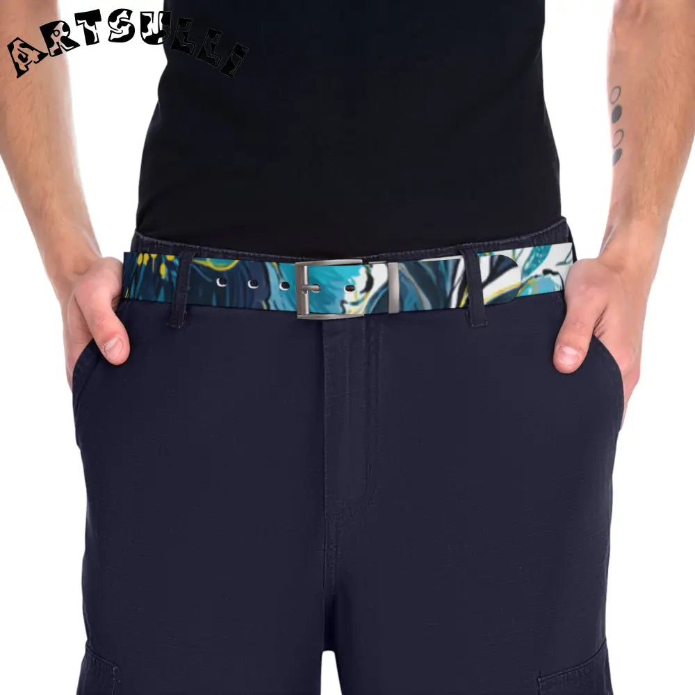 C4 White Teal and Blue Abstract Pattern Belt, Artsulli - Art is Long, Life is Short, Accessories, , , , , , , 
