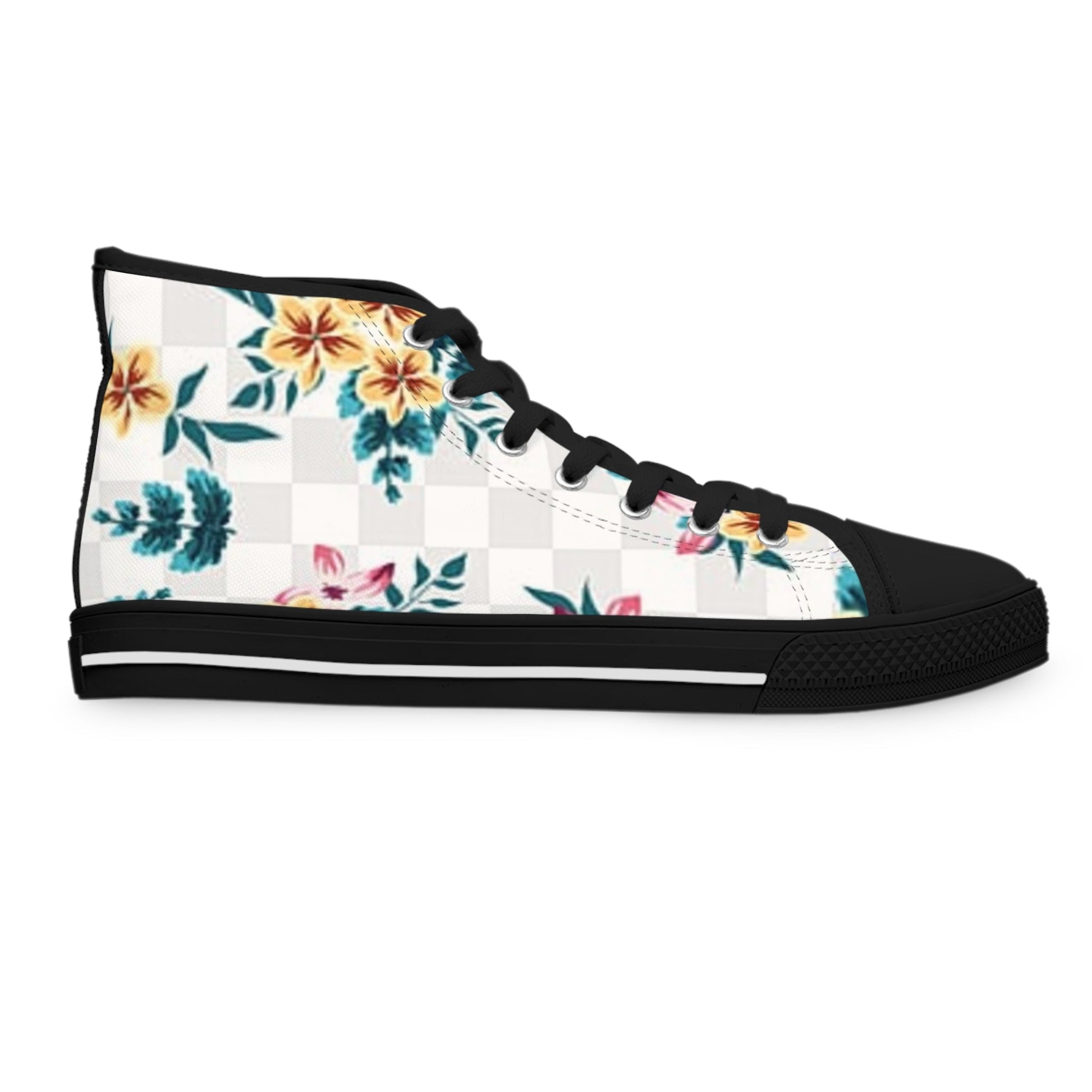 Checkerboard Floral High-Top Sneakers, Artsulli - Art is Long, Life is Short, Shoes, , , , , , , 